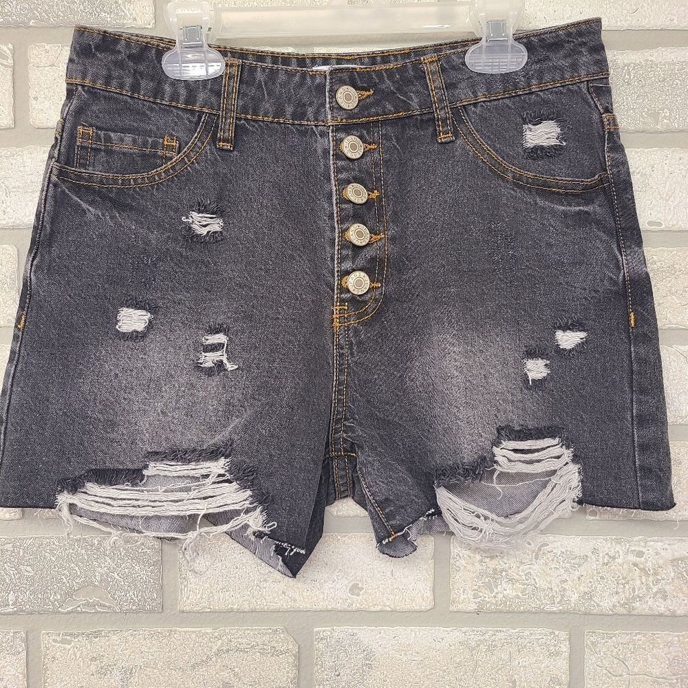 Macaron Distressed Button Fly Black Denim Jean Shorts Size Small